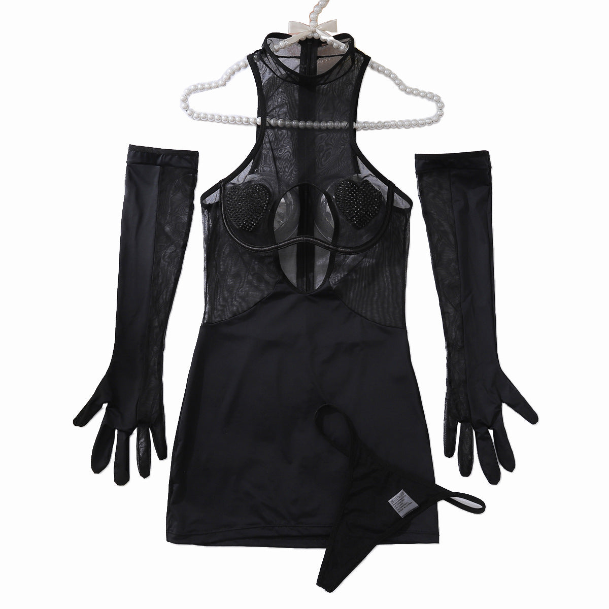 Sexy Heart Mesh Mini Dress & Gloves Set - 3-Piece Body Shaping Lingerie